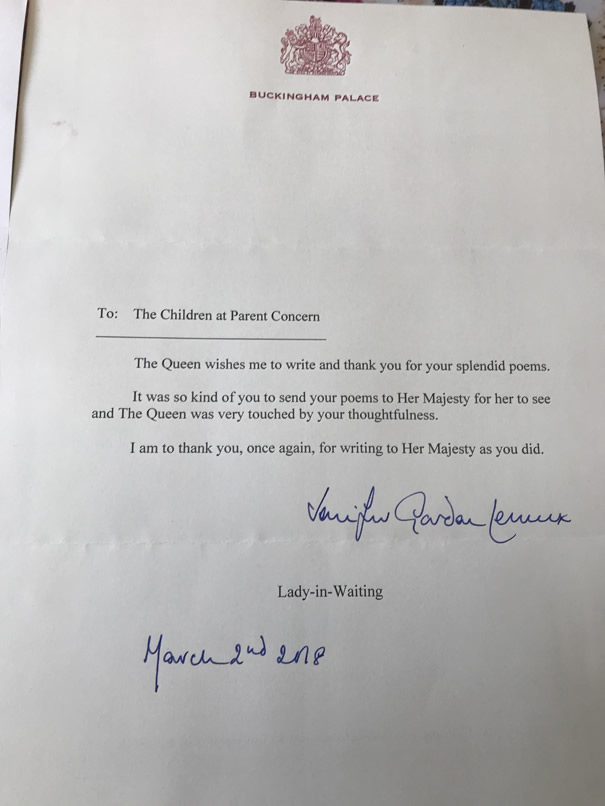 Thank You letter from Buckingham Palace for poems sent to the Queen from parent Concern