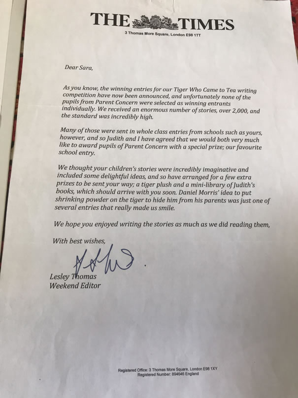 Letter from the Times newspaper announcing the favourite school entry prize for Parent Concern