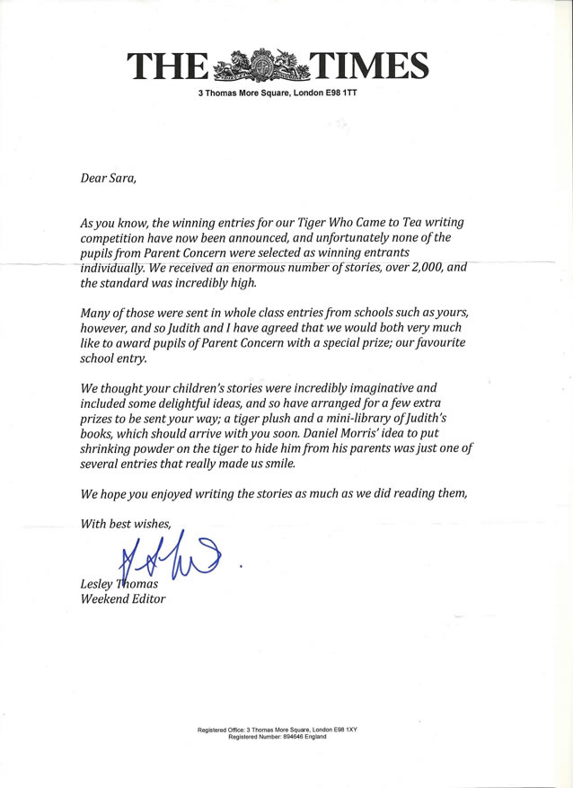 Letter from the Times newspaper announcing the favourite school entry prize for Parent Concern